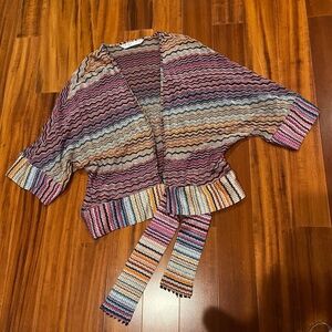 Trina Turk Purple Multicolored Cardigan Sweater Top Tie Waist Patterned Sz S / M